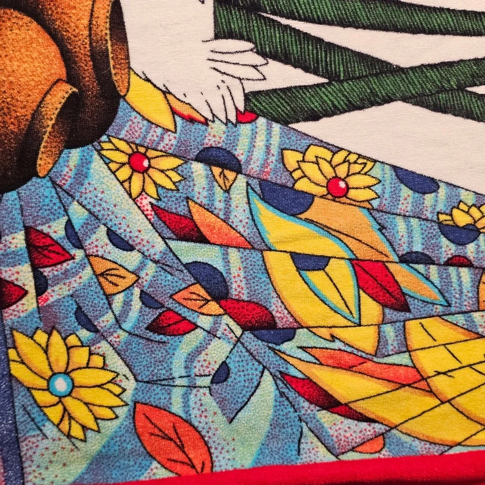 Vintage 1988 Helia Beach Towel Red Folk Art Marketplace Chickens fowers 56x28